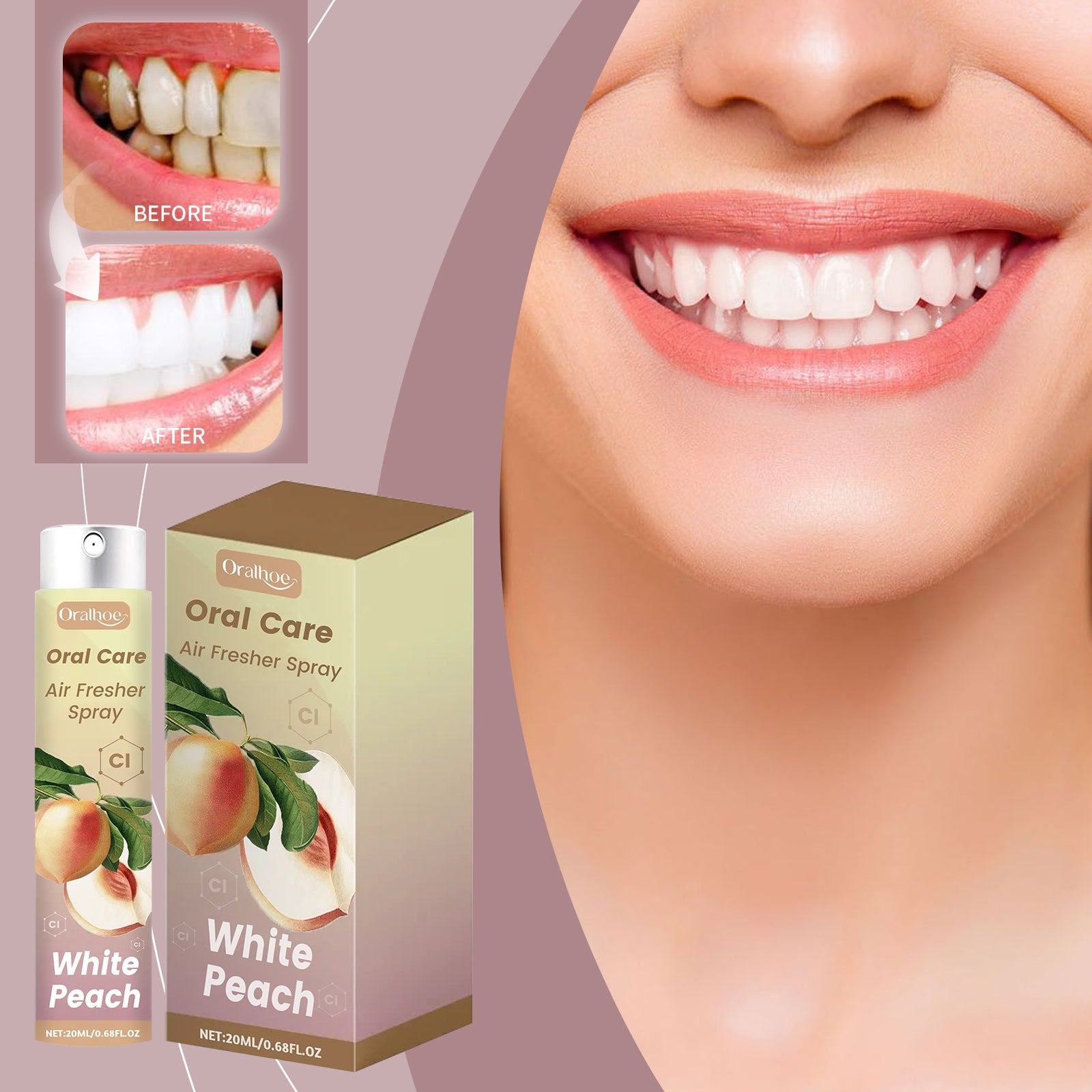 Woman's face smiling with circular zoom on teeth and lips; 'PORTABLE DESIGN' text below explaining on-the-go convenience
