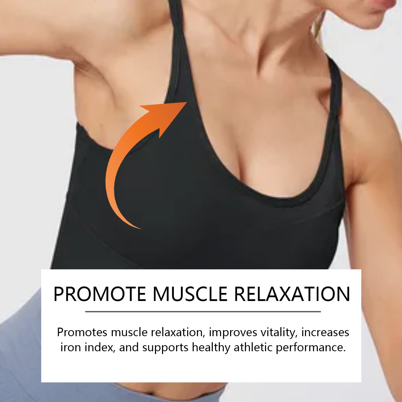Woman in black sports bra with orange upward arrow indicating chest lift and muscle relaxation benefits