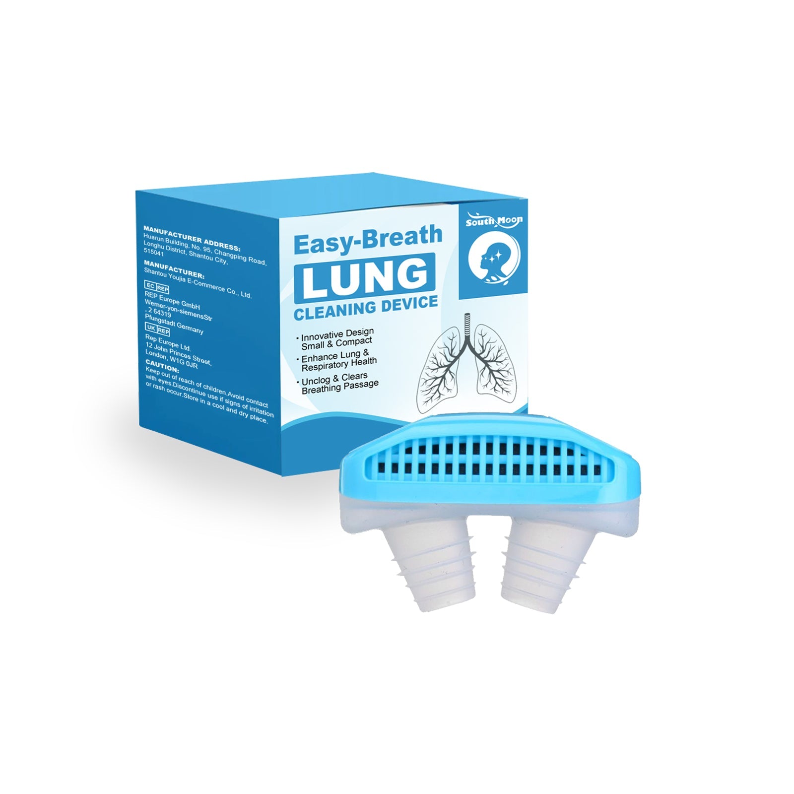 Smiling man in blue shirt holding device with benefit callouts listed