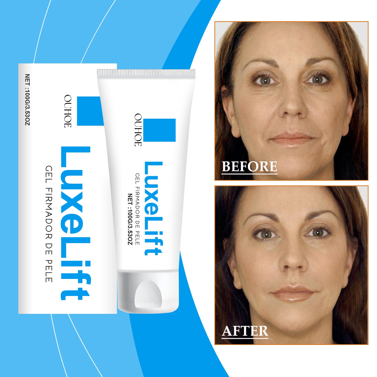 Young woman touching her face contentedly with closed eyes, accompanied by text 'Long-Lasting Moisturizing - Keep skin moisturized all day long'