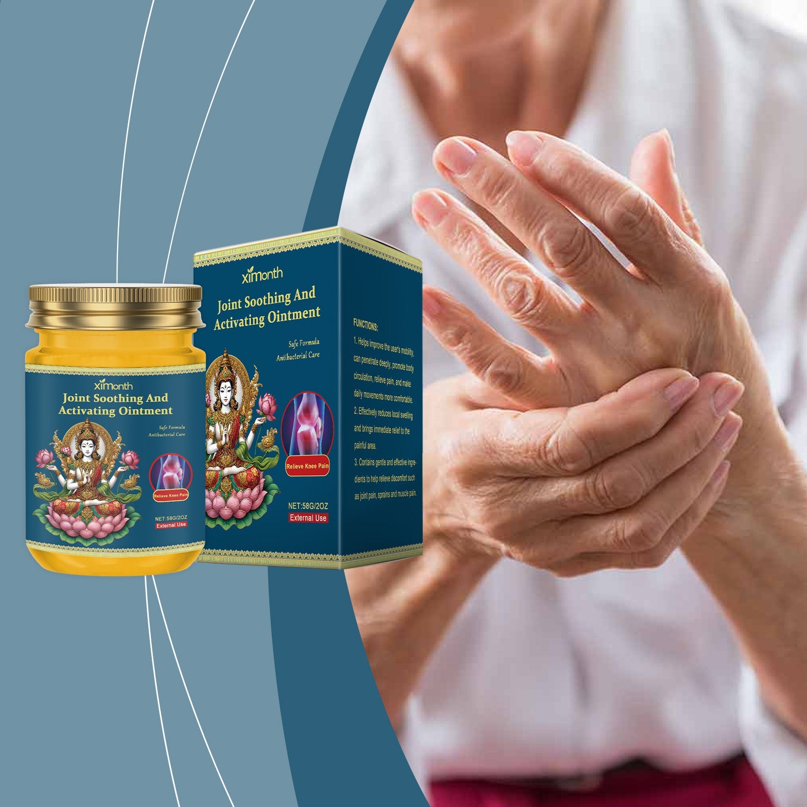 Woman in white robe gently applying the cream to her hands in a caring massage motion against blue and teal abstract background