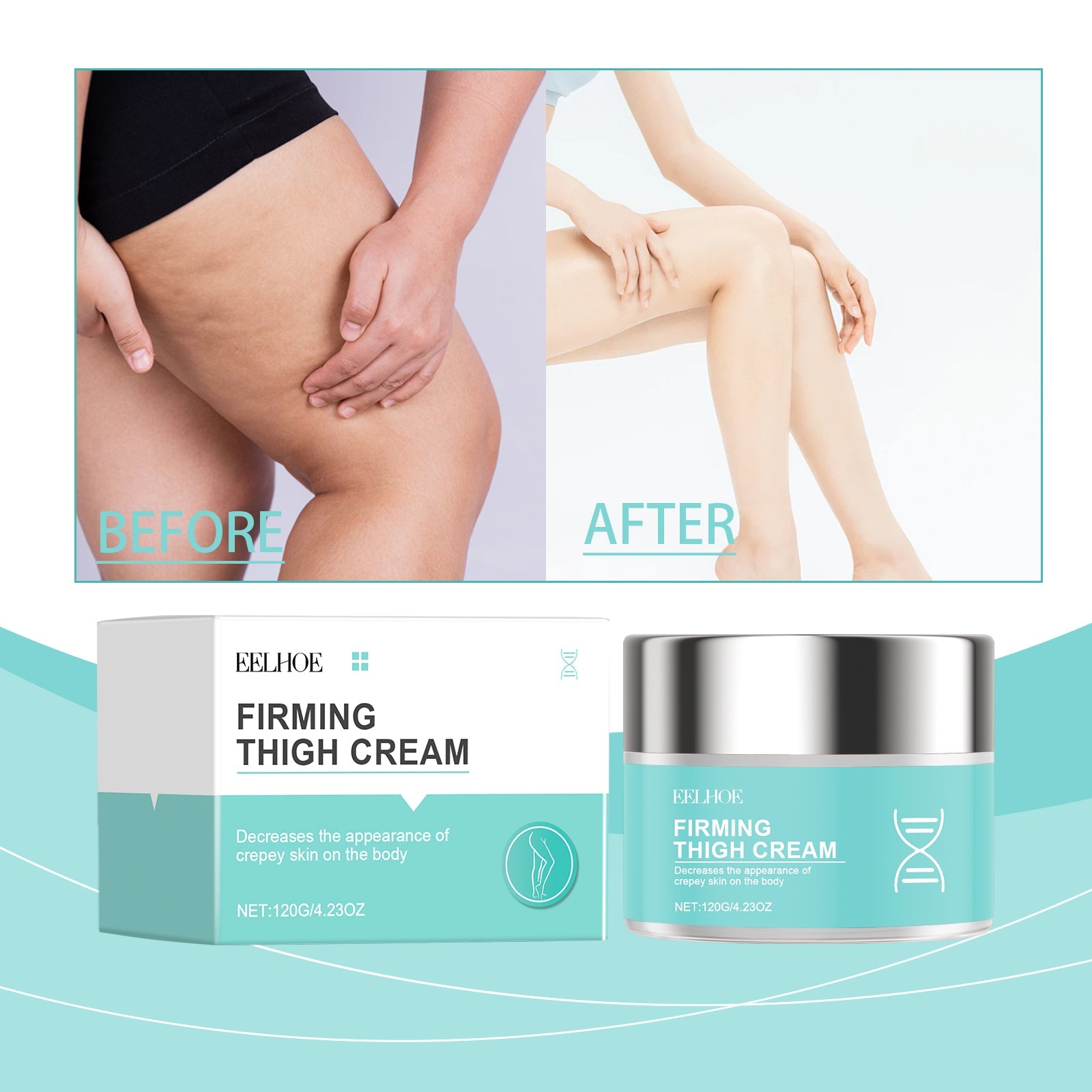 Split feature cards highlighting 'Light Experience' and 'Significant Changes' with leg imagery and coconut oil ingredient visible