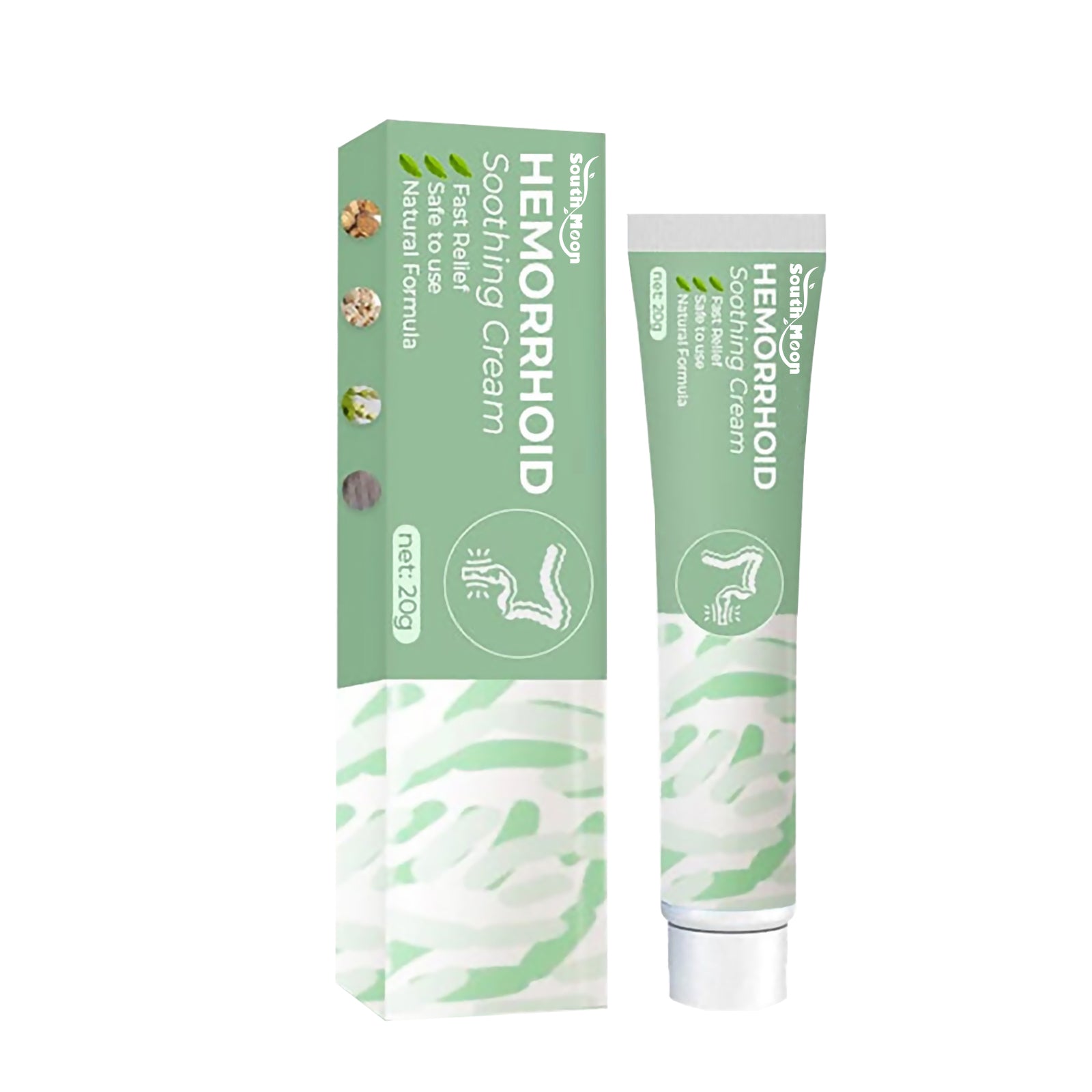 Woman clutching lower back in discomfort with product positioned alongside, text reads 'Hemorrhoid Soothing Cream'