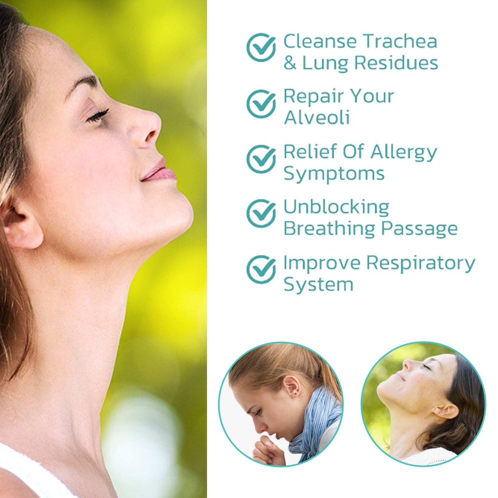 4 Weeks Testimonial Clean & Repair showing clinical results: 95.84% Pneumoconiosis Cure, 96.92% Lung Tissue Regeneration, 98.26% Lung Residue Removal, 97.81% Upper Respiratory Tract Infection Healed, with product bottle and packaging
