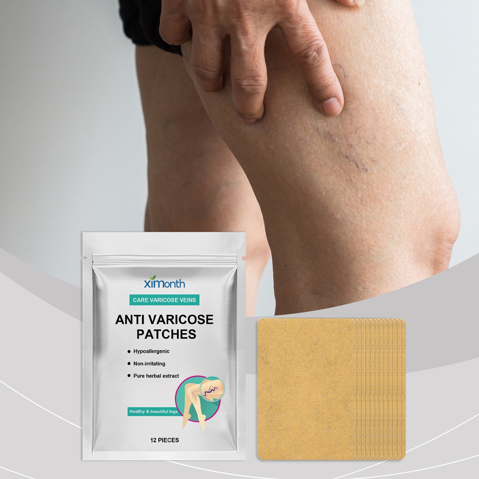 Leg with visible varicose veins wearing the patch with packaging visible