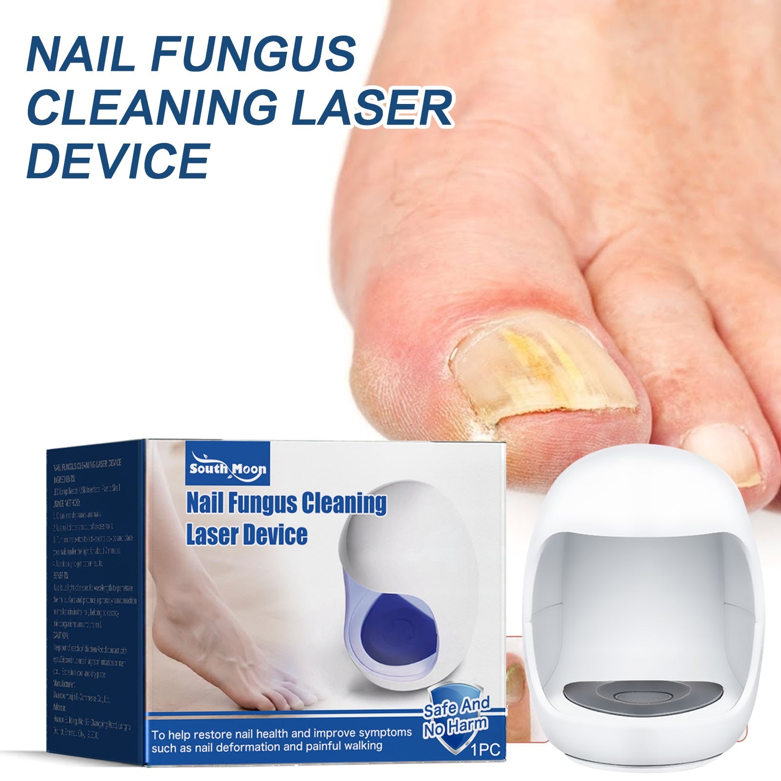Device with bold headline 'NAIL FUNGUS CLEANING LASER DEVICE' shown with infected toenail example