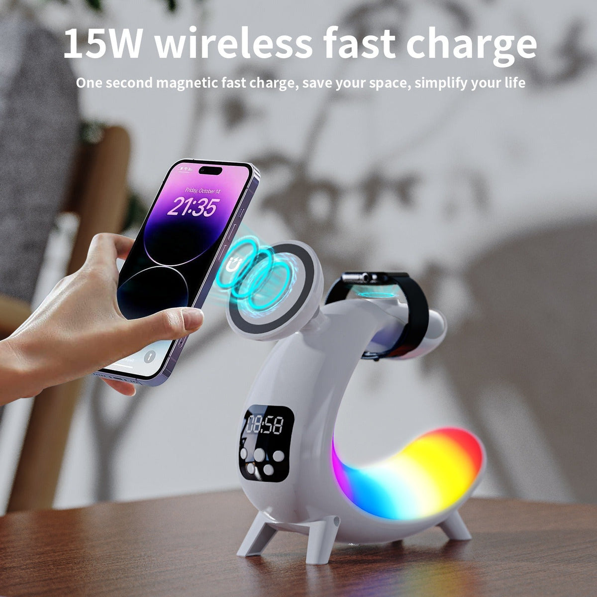 Wireless Charging Station — 6‑in‑1 with RGB Lamp & Clock