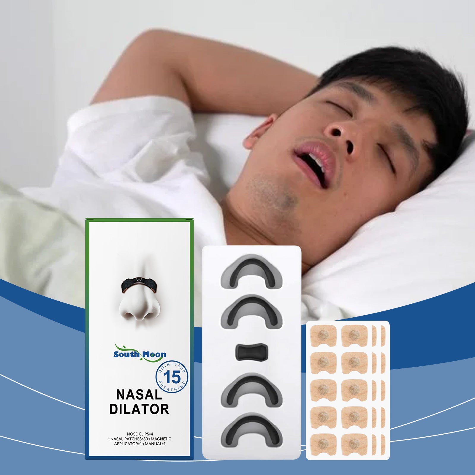 Man sleeping peacefully on white bedding with product kit displayed below