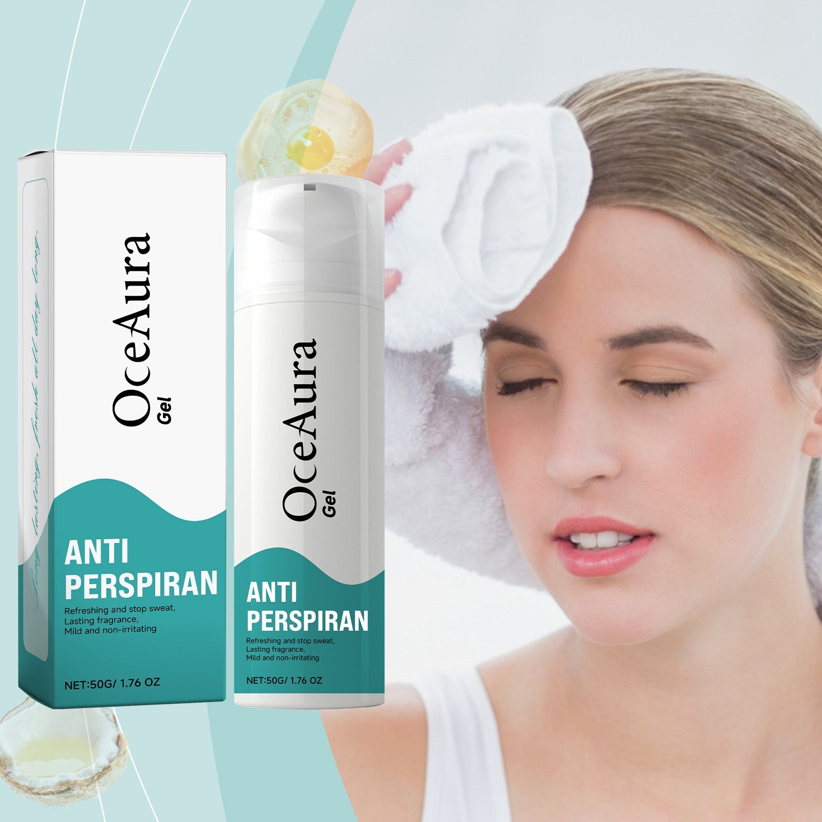 Woman applying gel to underarm with relaxed expression, surrounded by botanical citrus elements and light teal background