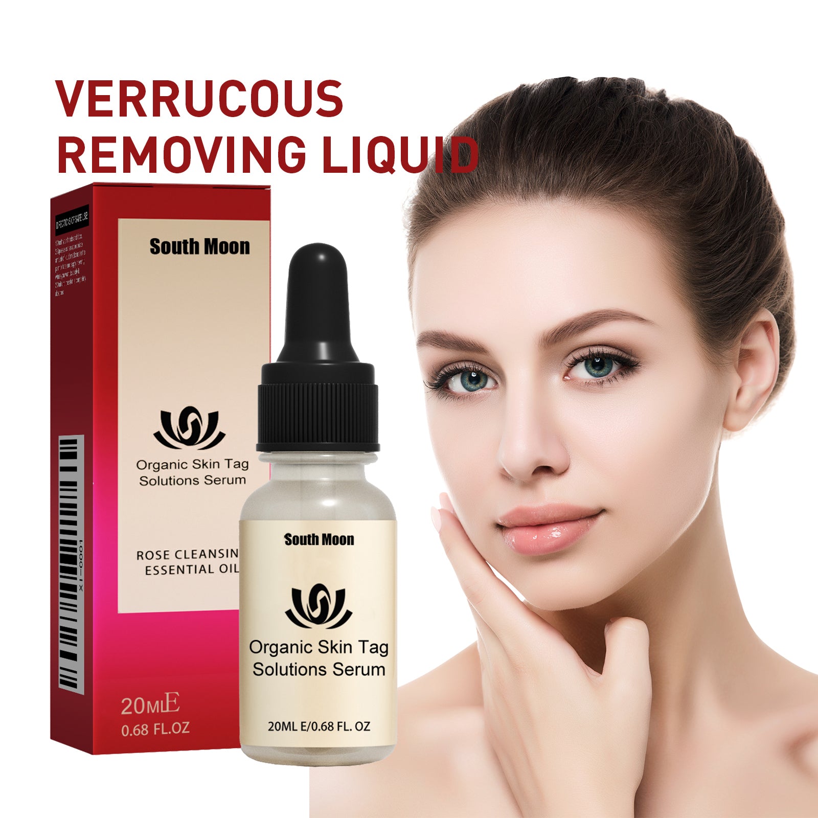 Woman with clear, radiant skin touching her face, with product and packaging displayed beside her, headline 'Verrucous Removing Liquid'