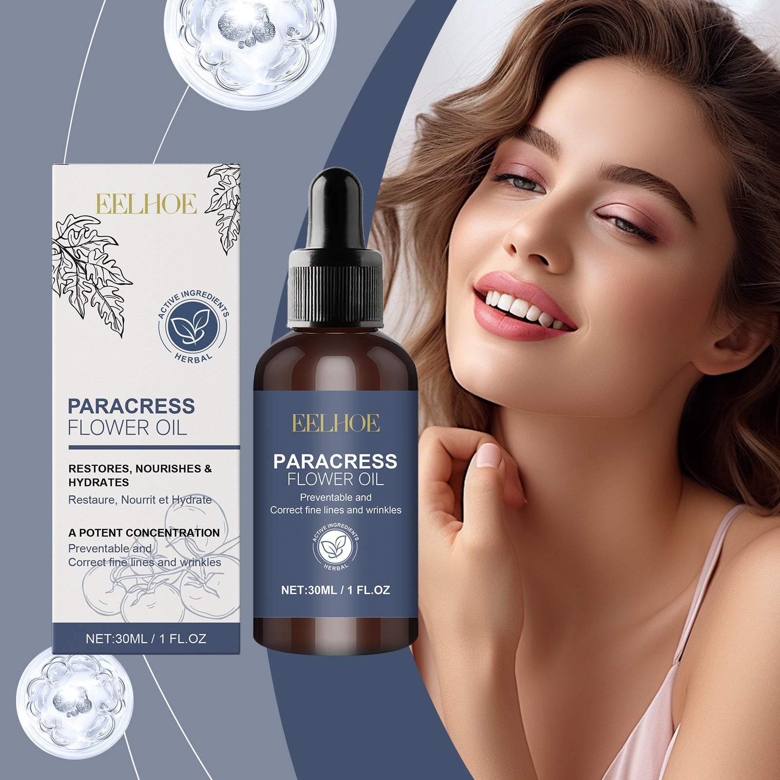 Woman holding Paracress Flower Oil bottle with visible skin glow, product positioned against blue-gray background with botanical elements and water droplet illustrations