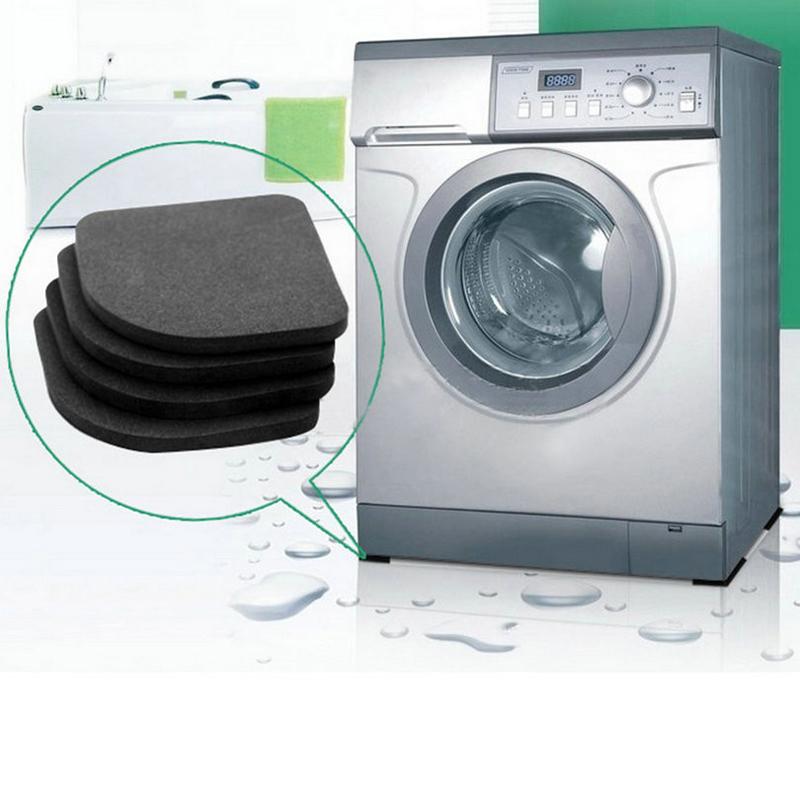 Close-up of pads placed under washing machine with water droplets and green callout circle