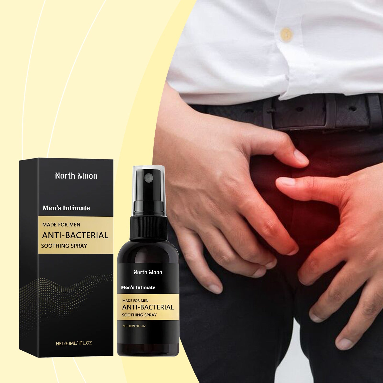 Man's hand applying spray to intimate area against yellow and white background with product box visible