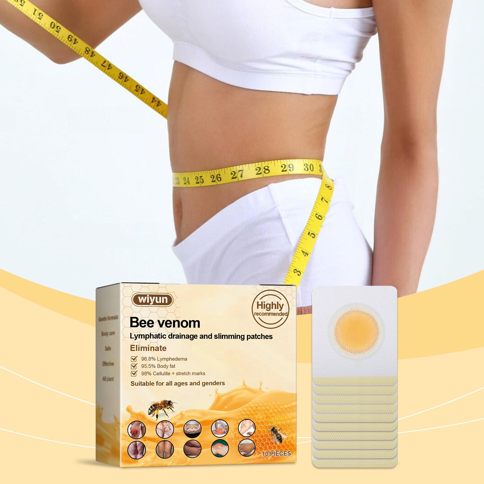 Woman measuring waist with yellow tape measure against warm yellow background, positioned with product box and patch