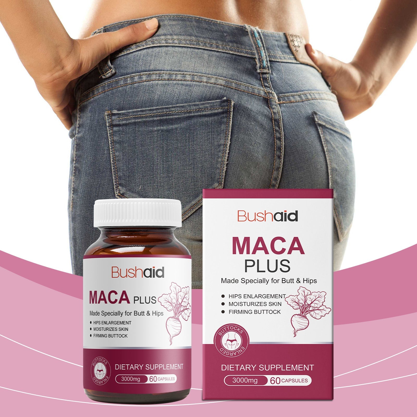 Woman in denim jeans from behind with hands on buttocks, product bottle and box positioned in front with pink background graphics