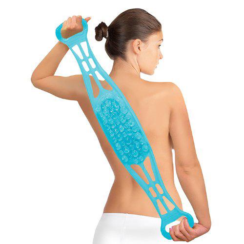 Woman using the blue back scrubber across her bare back, holding both handles