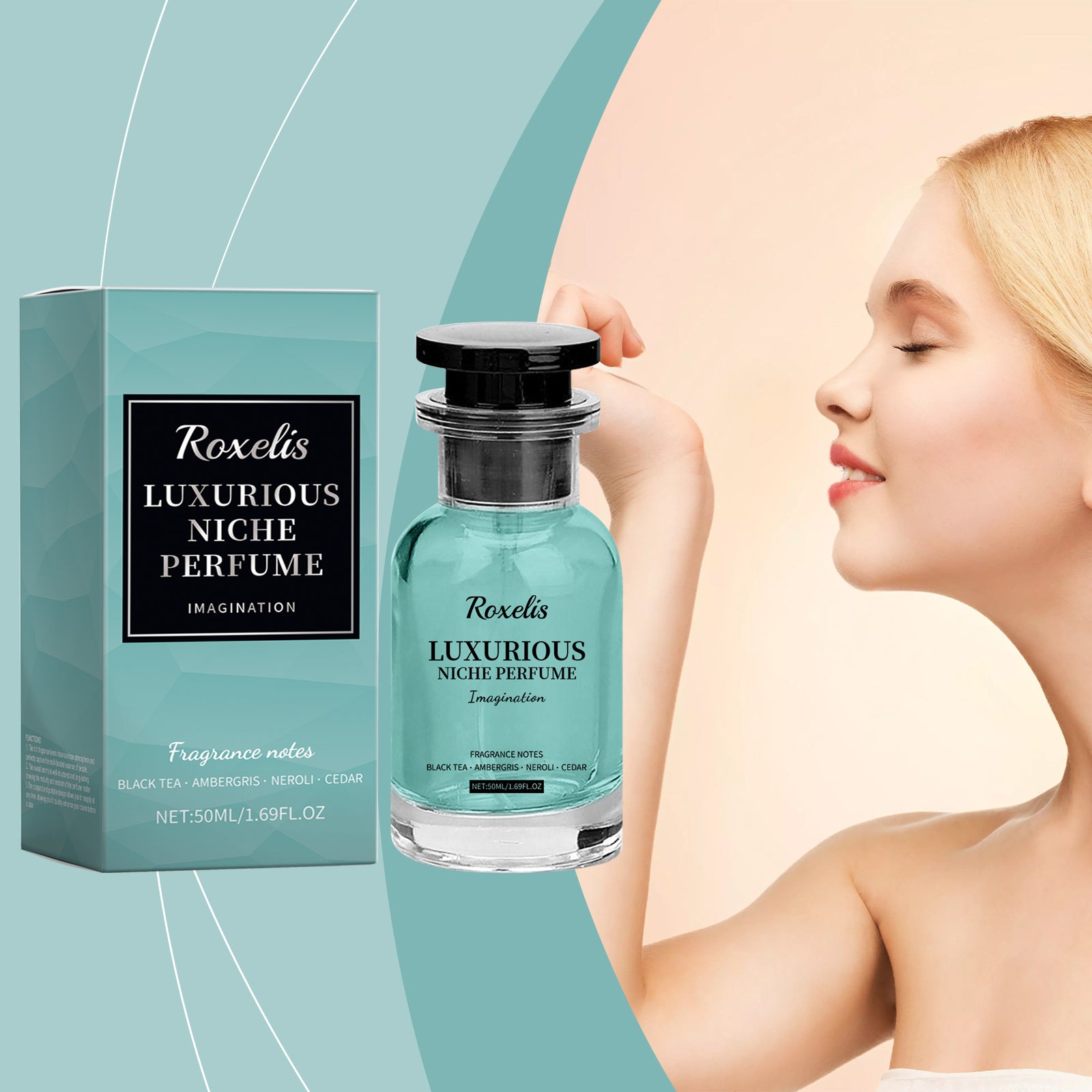 Woman holding fragrance bottle with serene expression against turquoise and peach background