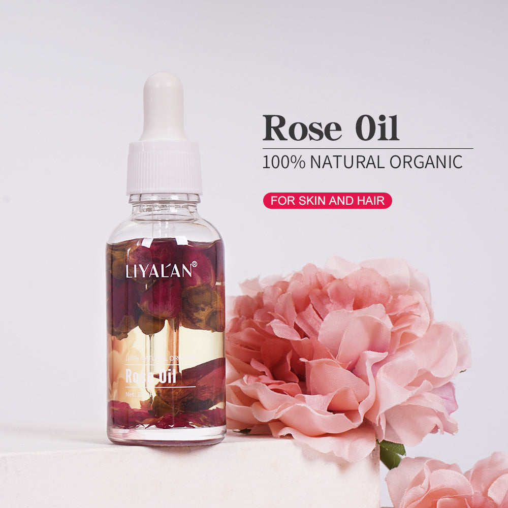 Two bottles of LIYALAN Rose Oil displayed on pink background, emphasizing compact size and elegant dropper design