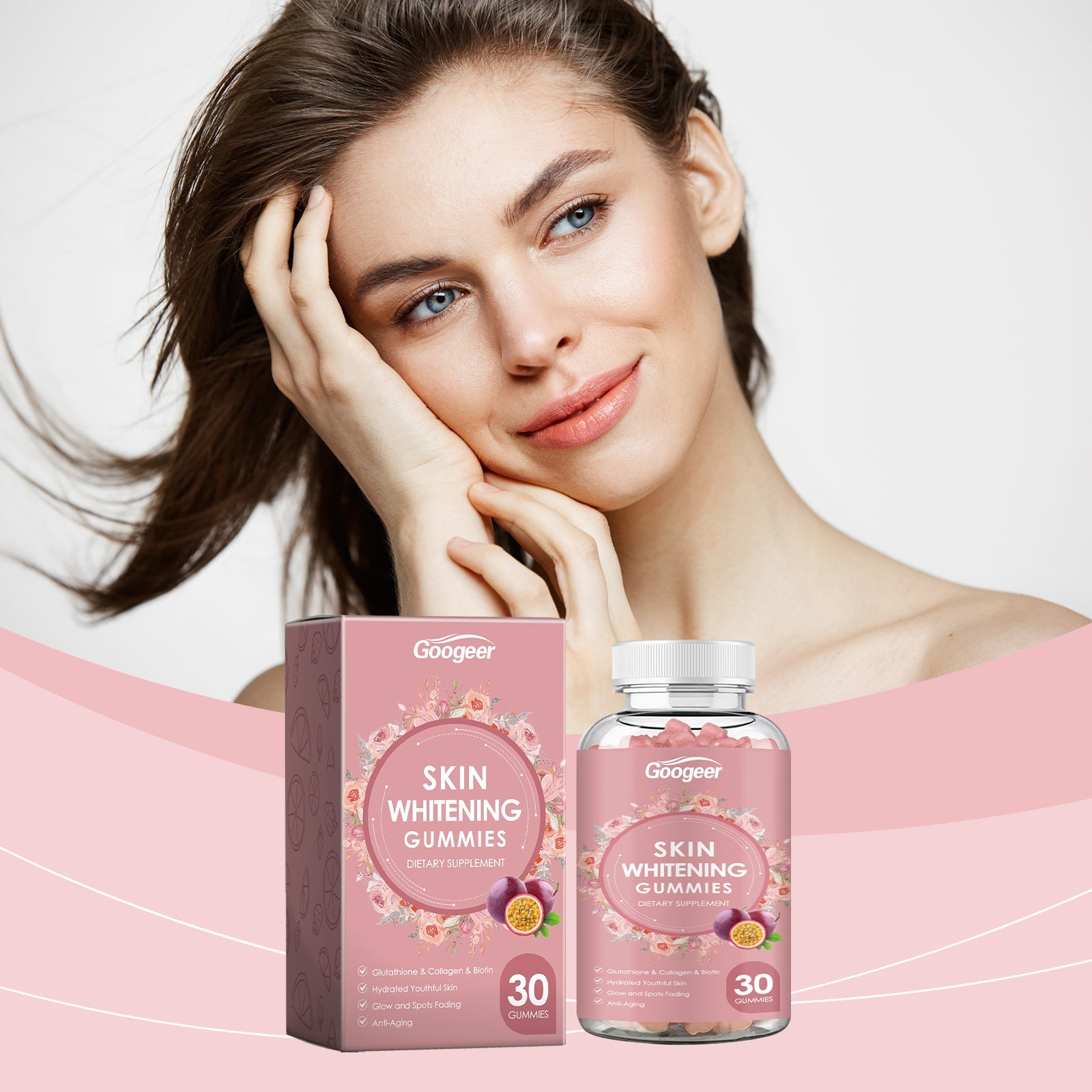 Woman with clear, radiant skin touching her face, with product packaging and soft pink wave design background