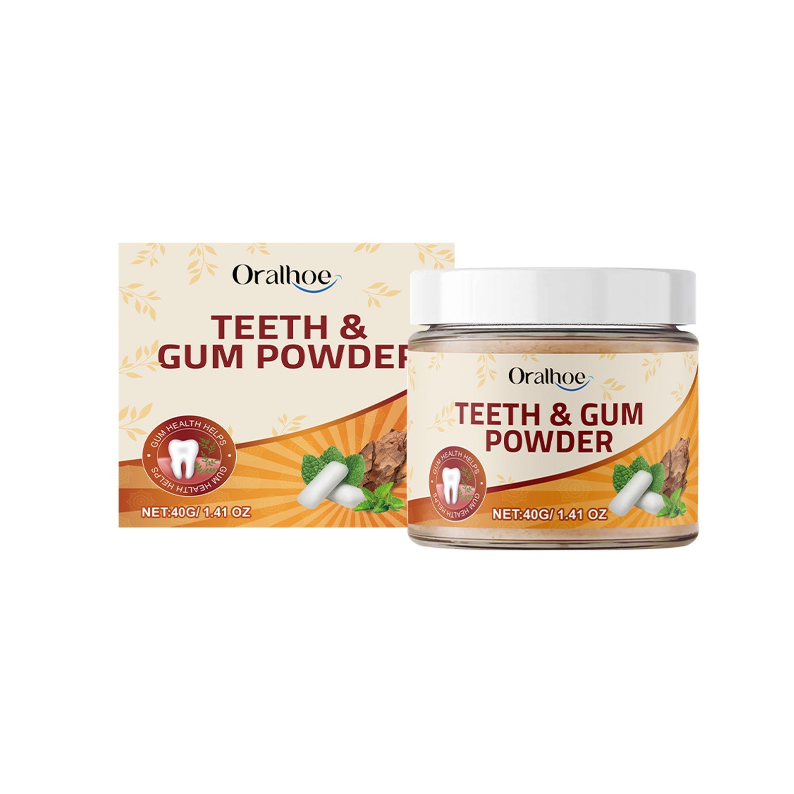 Product benefits highlighted with key claims: comfortable experience, fresh breath, mild formula, convenient use with fresh mint leaves and close-up mouth showing application