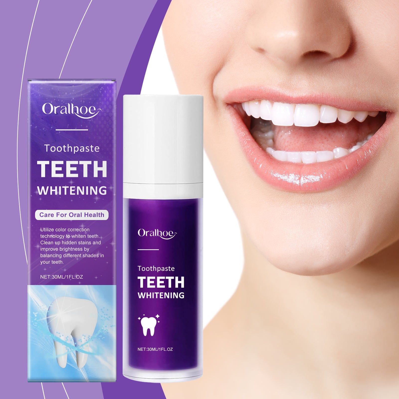 Beautiful smile close-up showing bright white teeth with model's face in profile against purple-branded background