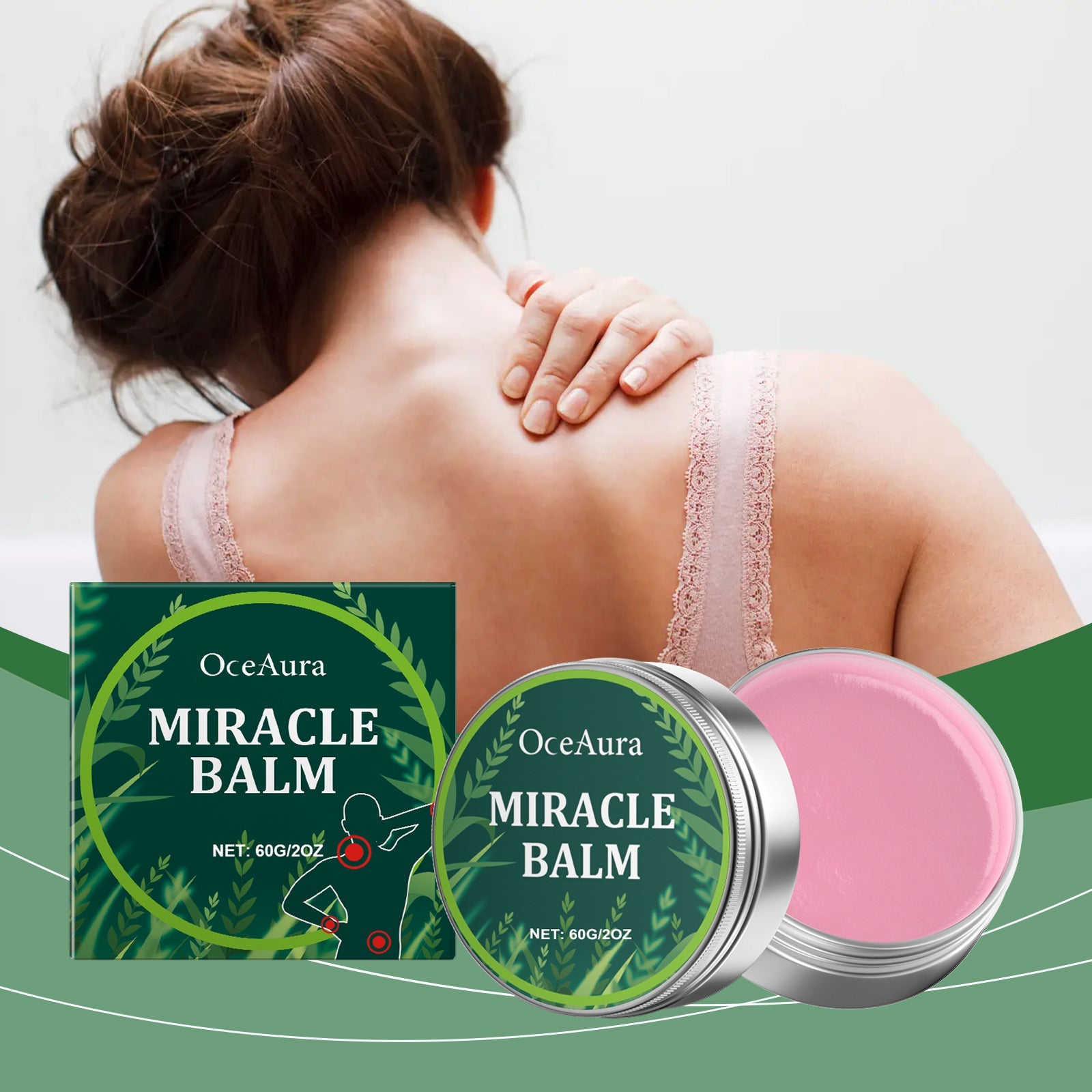 Woman from behind touching shoulder with balm applied, wearing pink lace bra, with product packaging and green wave design background