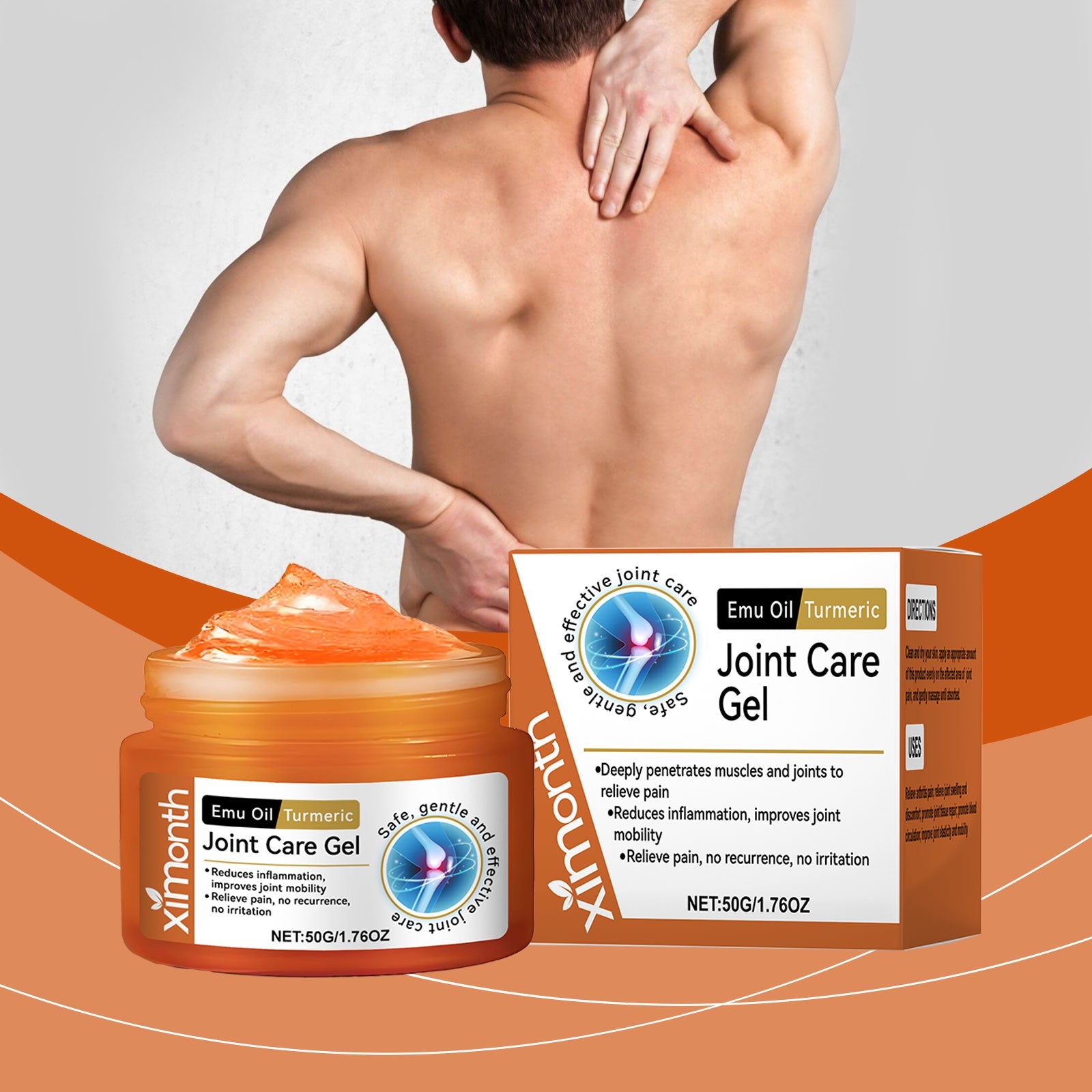 Man holding shoulder in pain with product jar and box displayed, orange wave design background