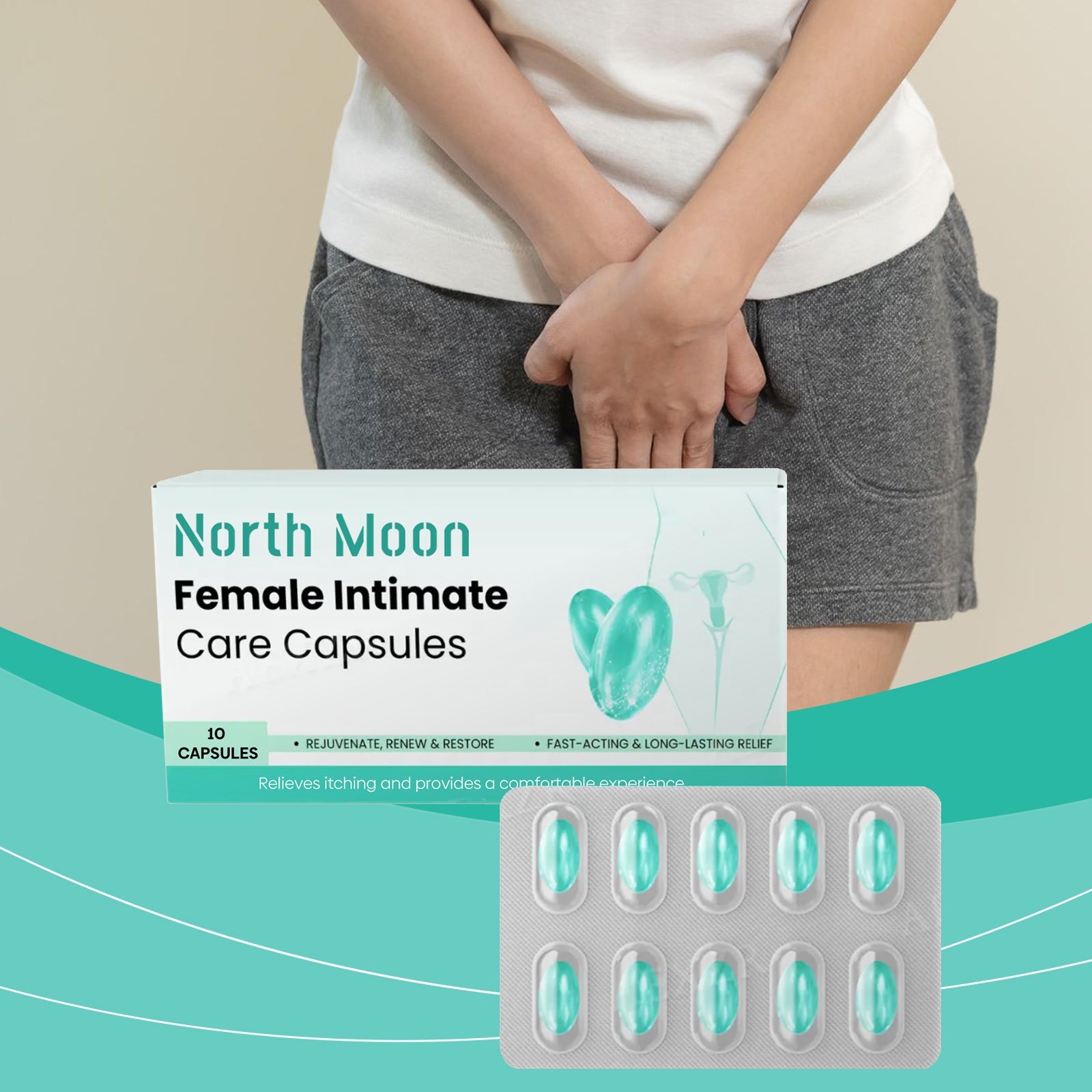 Woman holding product packaging, positioned naturally at intimate area, wearing casual gray and white clothing against teal gradient background