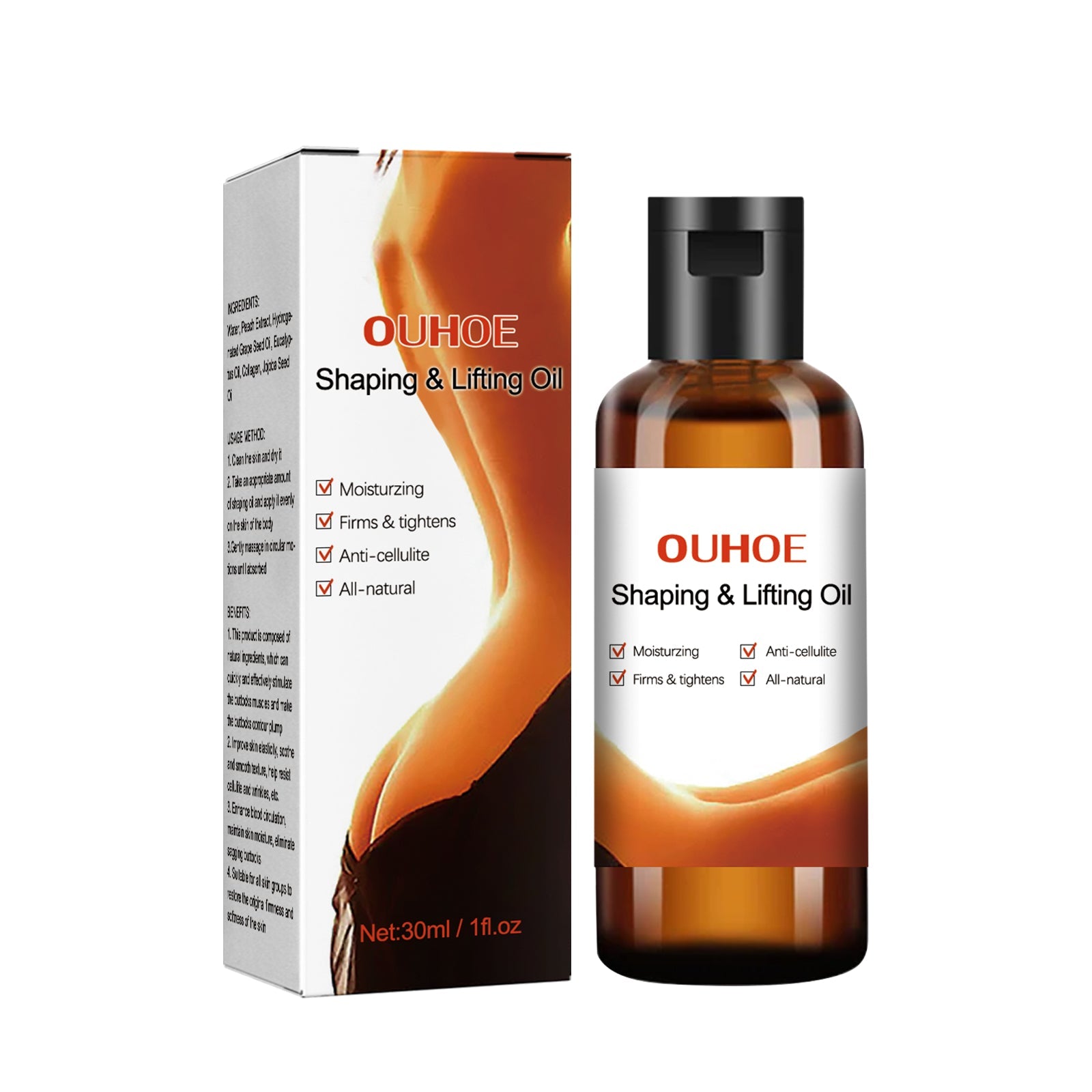 Before/after comparison of buttocks with visible lifting and firming results, plus lifestyle application imagery showing woman using product