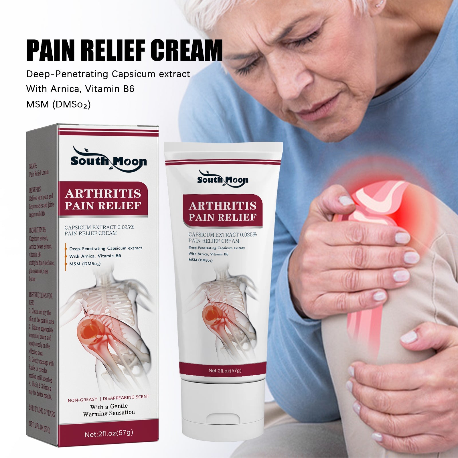 Lifestyle shot of woman with elbow pain highlighted in red thermal visualization; product prominently featured