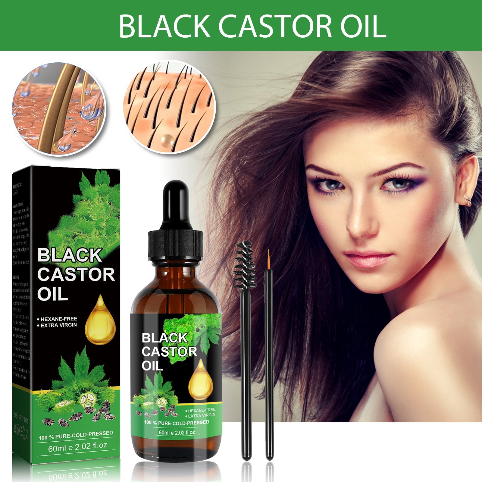 Model with thick, glossy dark hair styled in an updo alongside close-up details of hair texture and eyelash application; product bottle centered