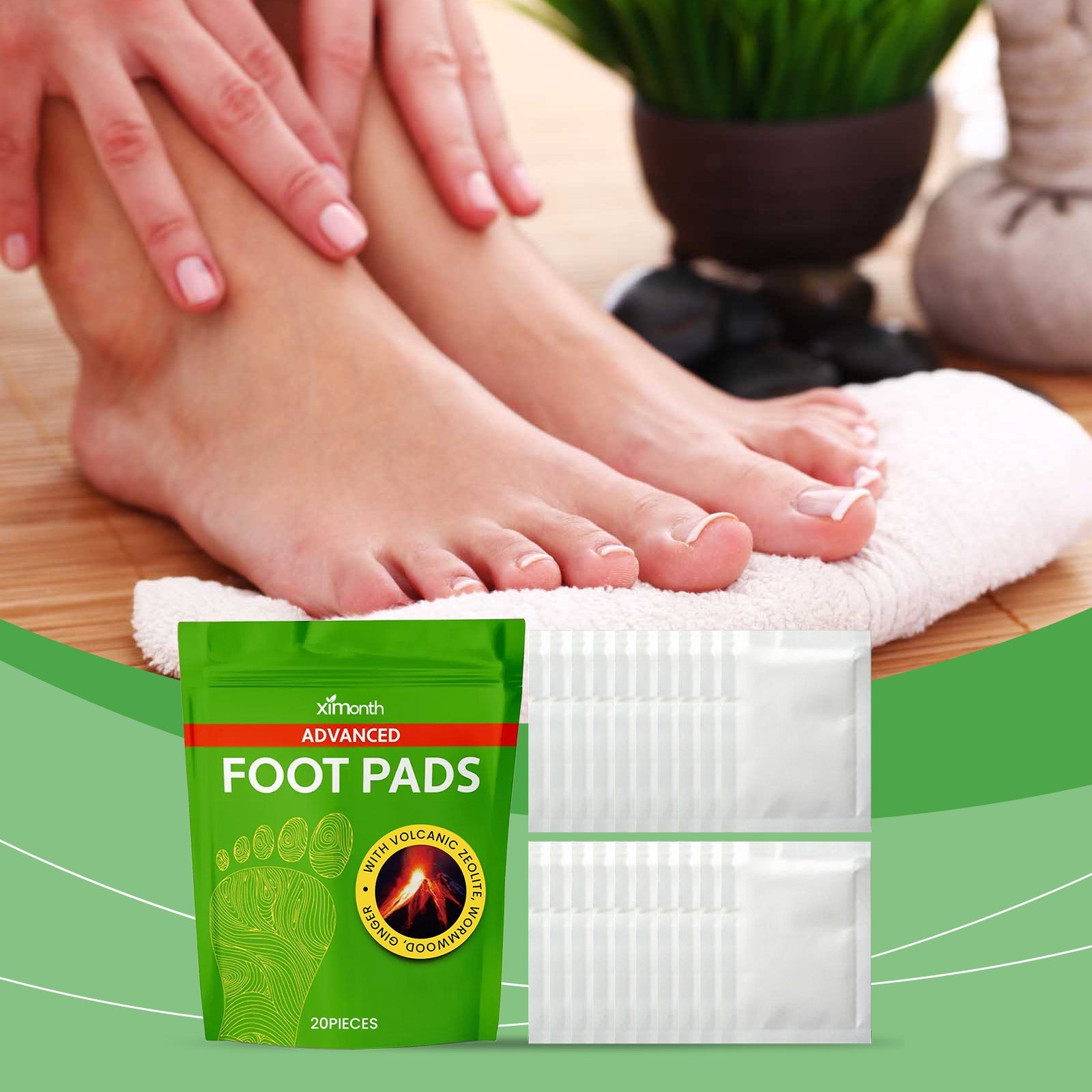 Woman's feet on towel with pads applied, hands massaging foot, potted plant in background