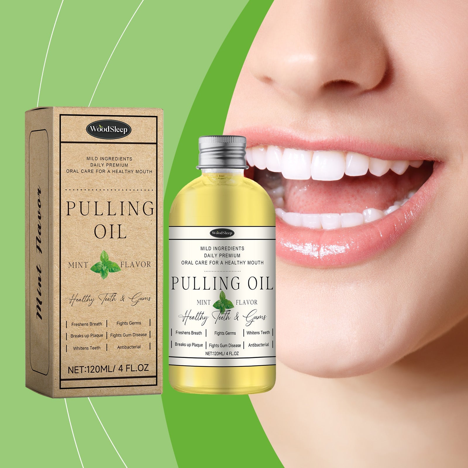 WoodSleep Pulling Oil bottle with kraft box packaging, showing product label with mint flavor branding and benefits list