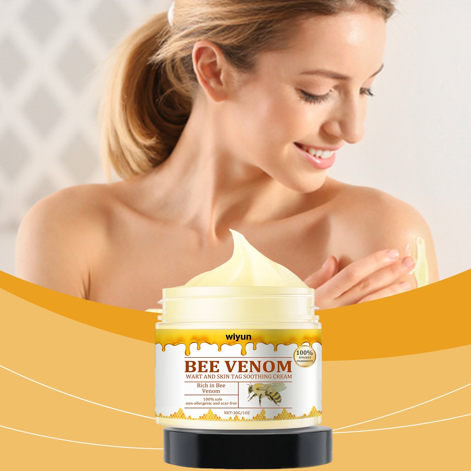Woman with clear, glowing complexion applying cream from jar; golden swoosh design and bee imagery frame the product