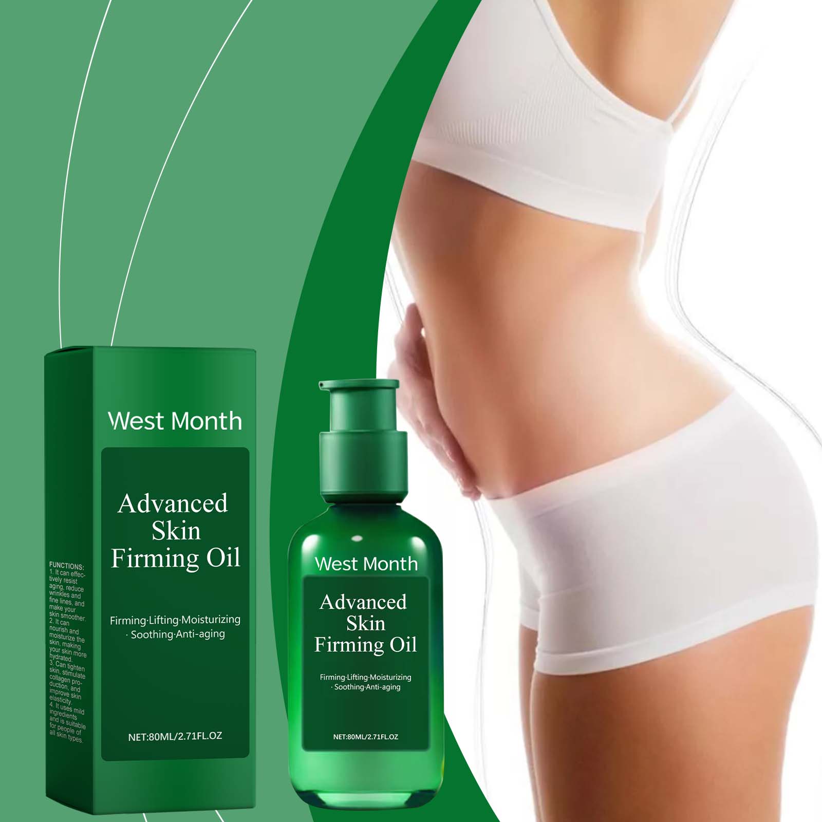 Woman applying firming oil to torso and body, product shown in use with applicator bottle and packaging