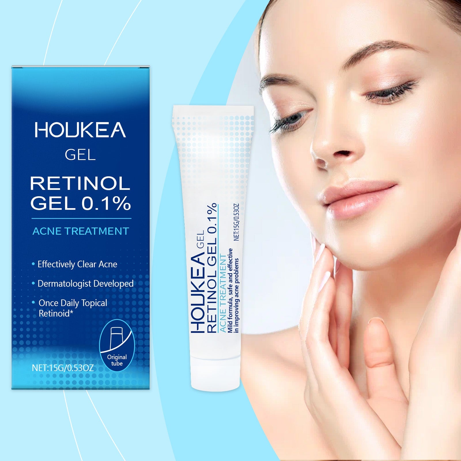 Woman with glowing clear skin applying retinol gel to cheek against blue geometric background with product packaging visible