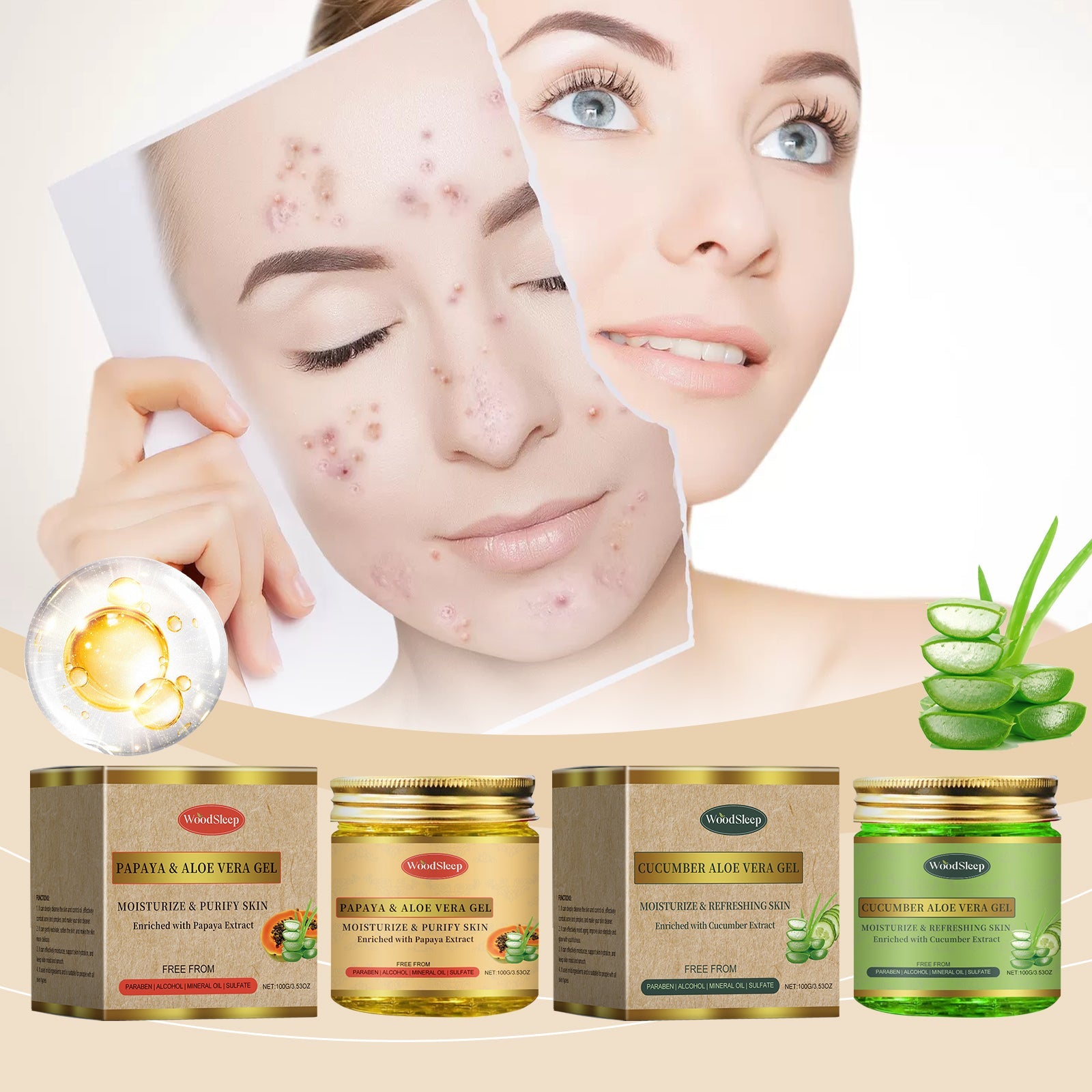 Two gel jars (papaya yellow and cucumber green) with annotated ingredient benefits and application icons