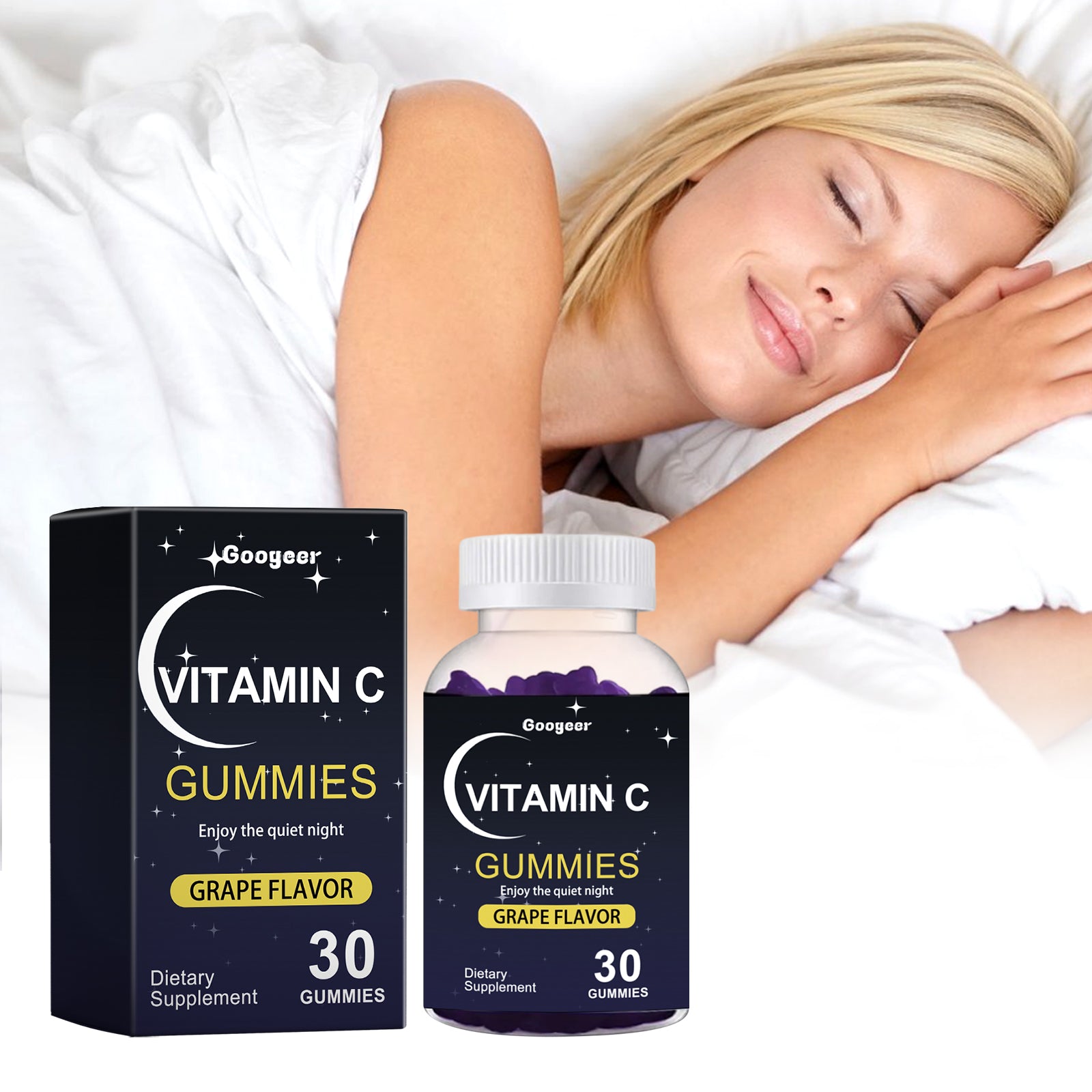 Young woman peacefully sleeping in white bedding with product bottle and box positioned nearby