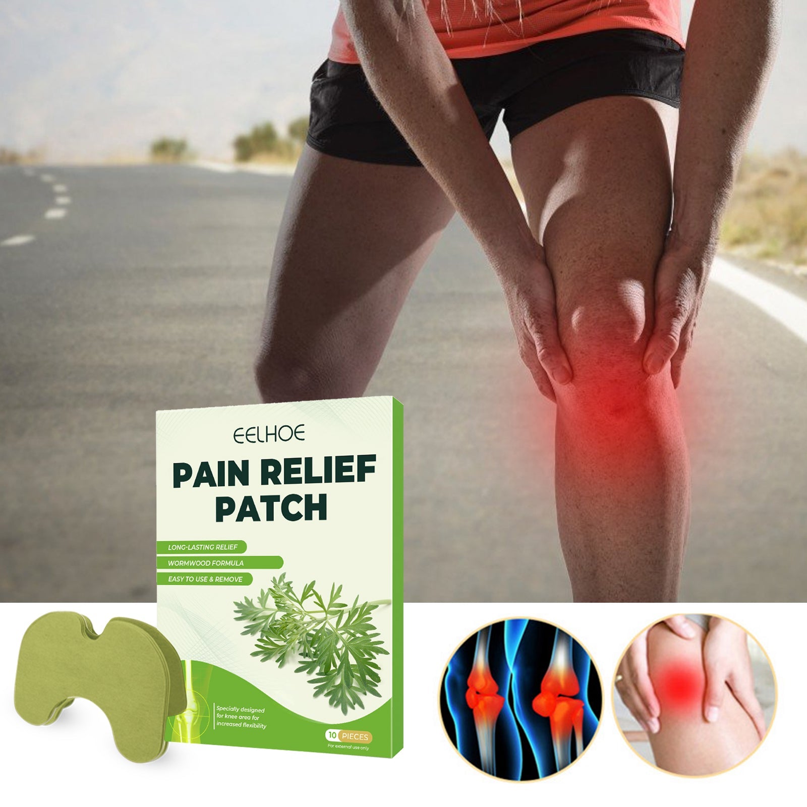 Male runner gripping knee in pain on roadside with red thermal glow overlay; EELHOE packaging and thermal knee/joint diagrams showing inflammation zones