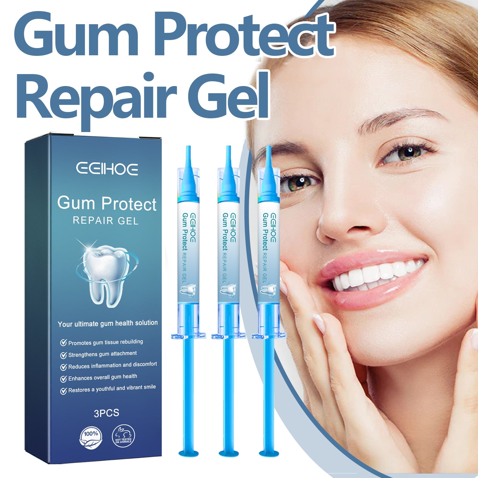 Smiling woman with healthy gums alongside product packaging and syringes, demonstrating desired outcome and emotional benefit