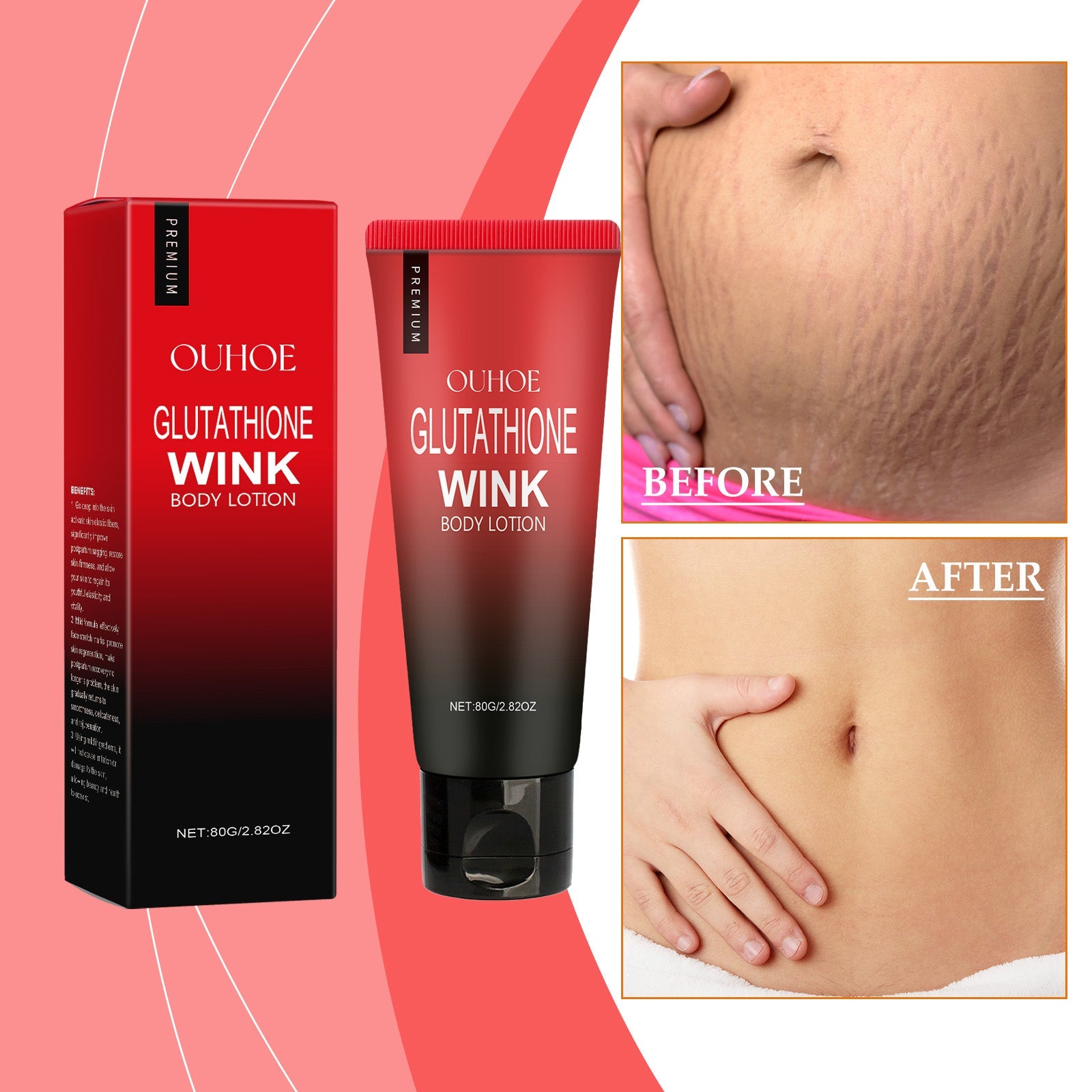 Skin repair benefits highlighted with text cards showing dual benefits