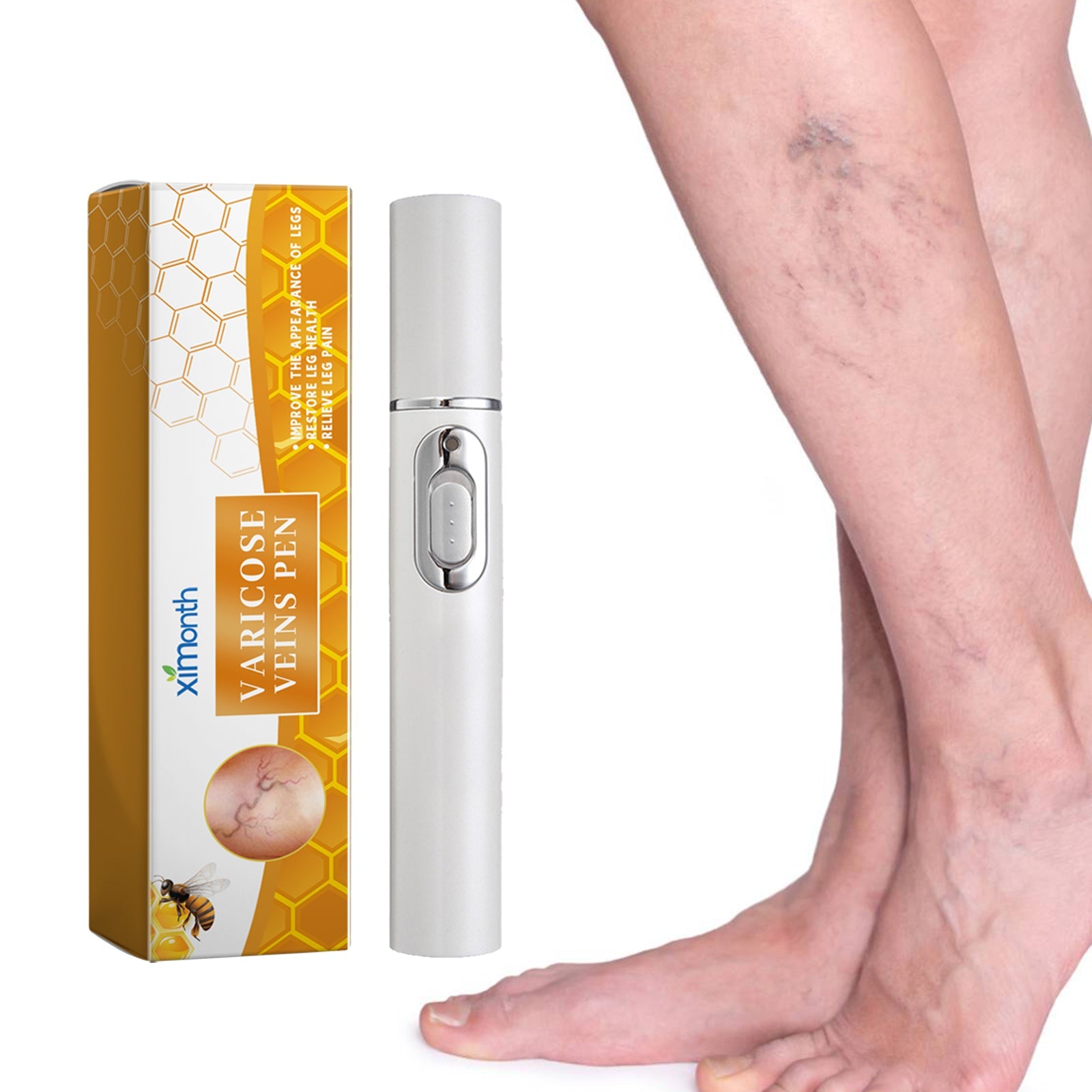 Product pen being applied to leg showing varicose veins with user's hand demonstrating application technique and real-world usage