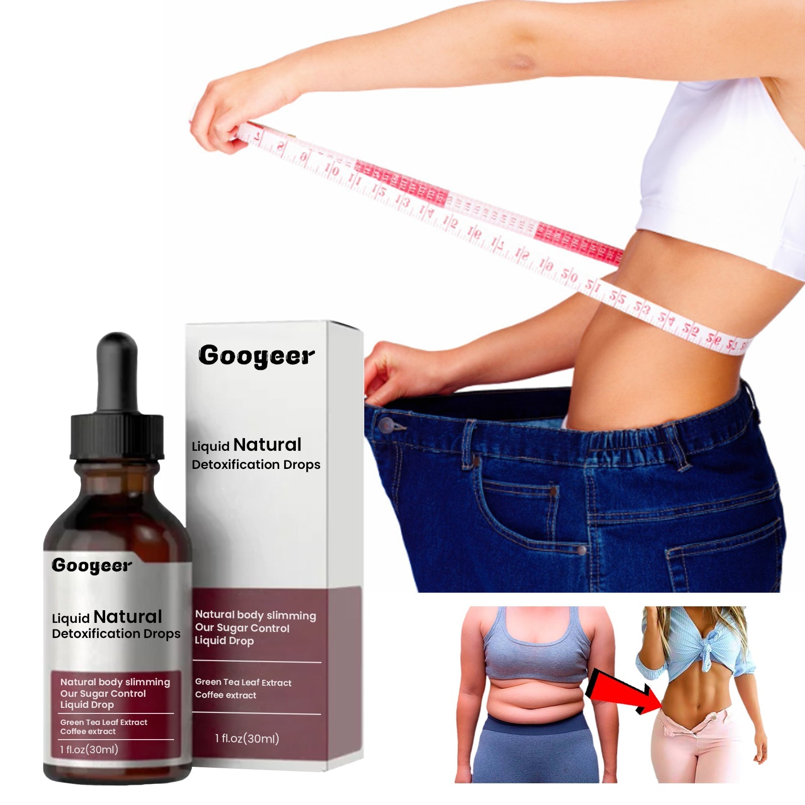 Testimonial infographic '8 WEEKS TESTIMONIAL - WEIGHT LOSS & LOWERING BLOOD SUGAR' with percentage claims: 97.69% detox & slimming, 96.58% lower blood sugar levels, 95.62% restore normal blood sugar, 94.25% strengthen immune system, alongside image of toned torso with measuring tape