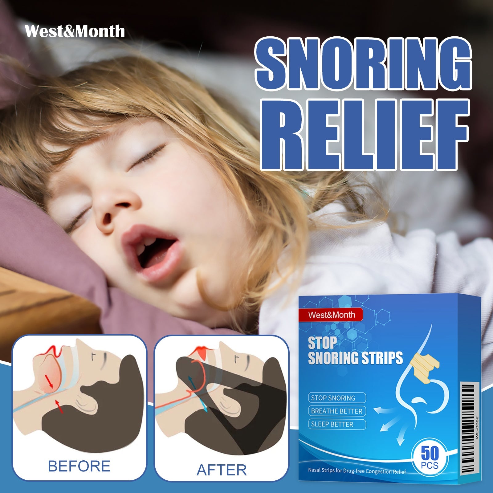 Child sleeping peacefully on pillow with large 'SNORING RELIEF' headline; includes before/after stomach diagrams showing nasal obstruction correction