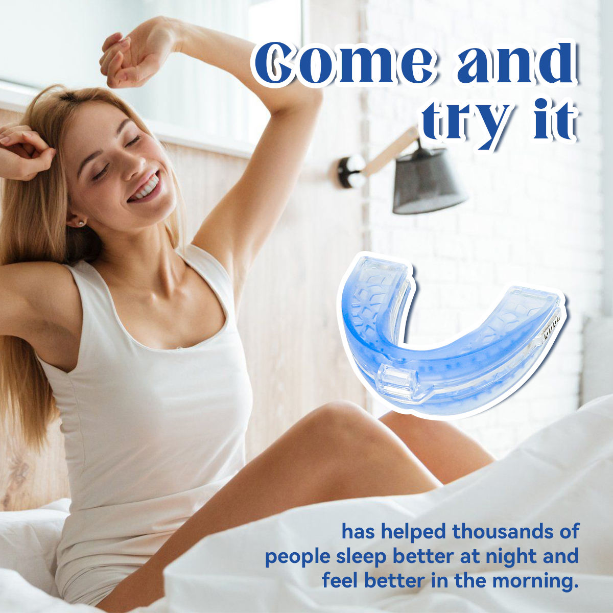 Happy woman stretching in bed with two mouthpieces shown floating beside her