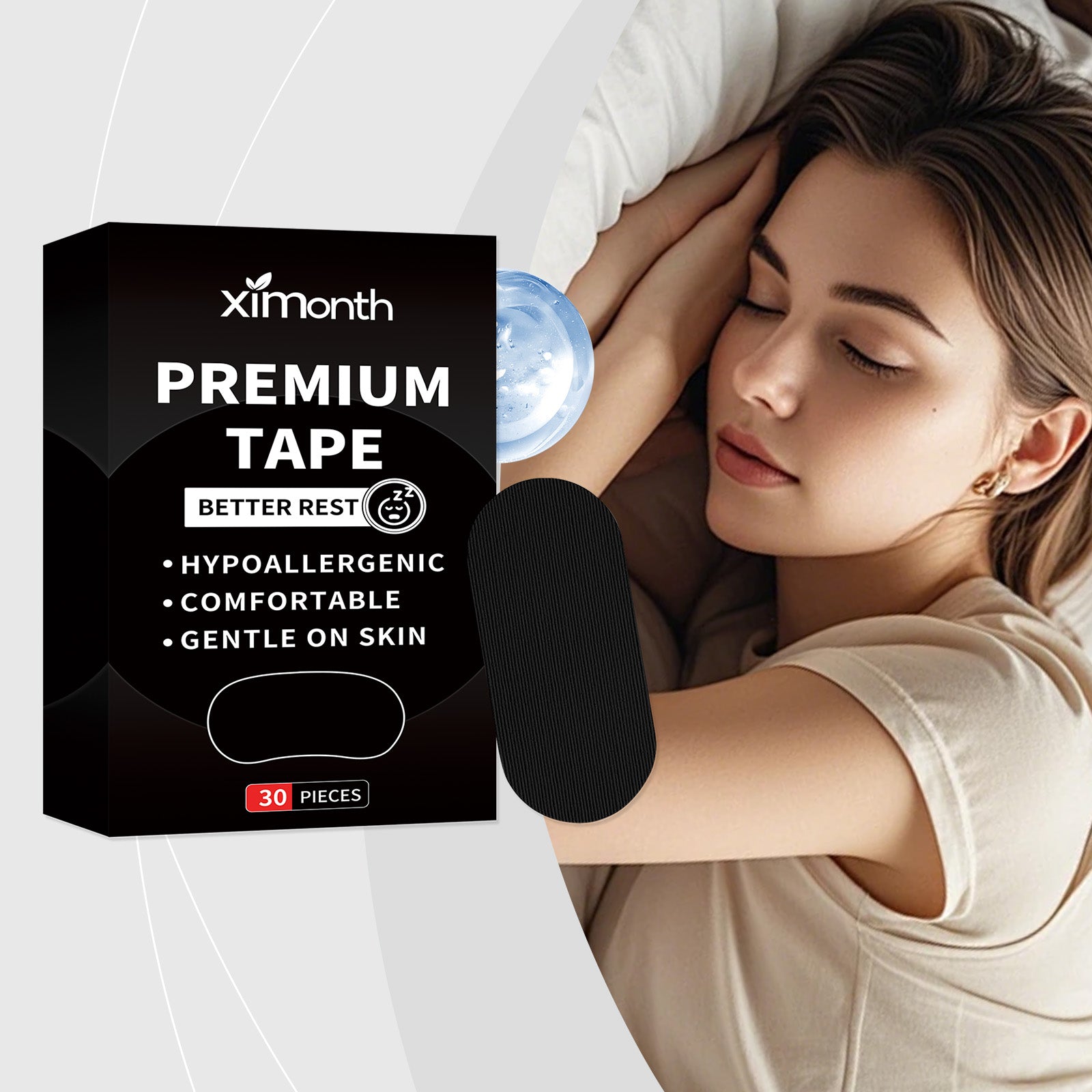 Woman peacefully resting on bed with patch applied, blue circular accent showing comfort benefit