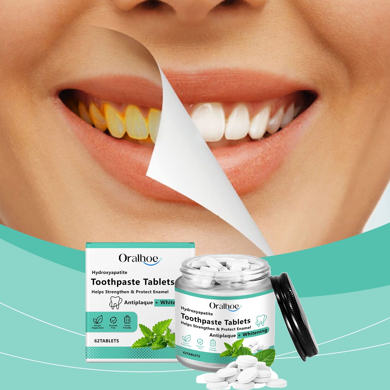 Bright smile close-up showcasing white teeth with product feature callouts: 'Remove Tooth Stains' and 'Easy to Use' with mint leaf garnish