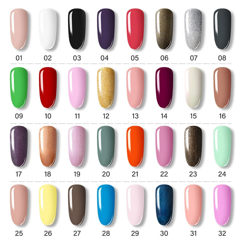 Detailed shade palette showing colors 01-32 with individual swatch bottles