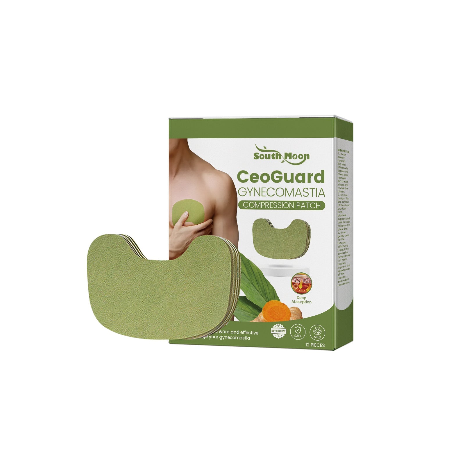 Detailed benefits callout with botanical ingredients and male chest demonstration with patches