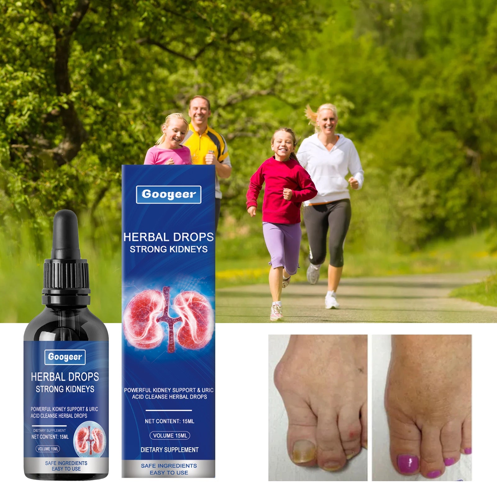 Family jogging outdoors in natural setting with packaging overlay and before/after nail imagery